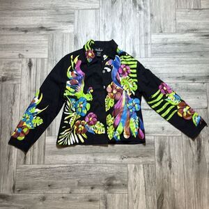Kensington Lane Women's Black Hand Painted Tropical Art Silk Shirt Jacket Small
